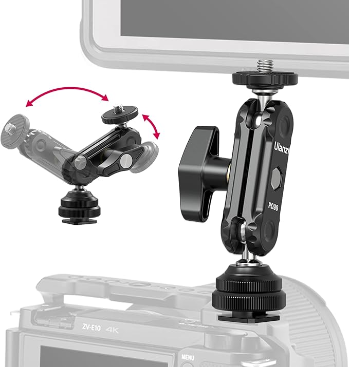 R098 Cold Shoe Monitor Mount, 1/4" Rotatable Dual Ballhead Hot Shoe Mount Microphone Fill Light Camera Monitor Swivel Bracket Compatible with DJI OSMO 360/Pocket 3/Insta 360 x 5/Sony/Canon/Nikon /Fuji