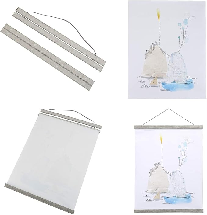 Ywlake Magnetic Poster Hanger, 12x18 12x16 12x24 Poster Frame Wood Wooden Magnet Print Posters Dowel Scroll Hanger Hangers Hanging Kit for Walls Map Canvas Artwork (Grey, 12")