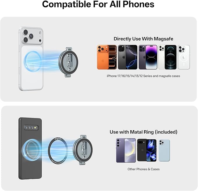 VRIG Dual Magnetic Phone Holder, Ultra Thin Foldable 1/4" Screw Tripod Mount Compatible with Magsafe for iPhone 16 15 14 13 12, Car Dashboard/Gym Magnetic Phone Stand, MG-33