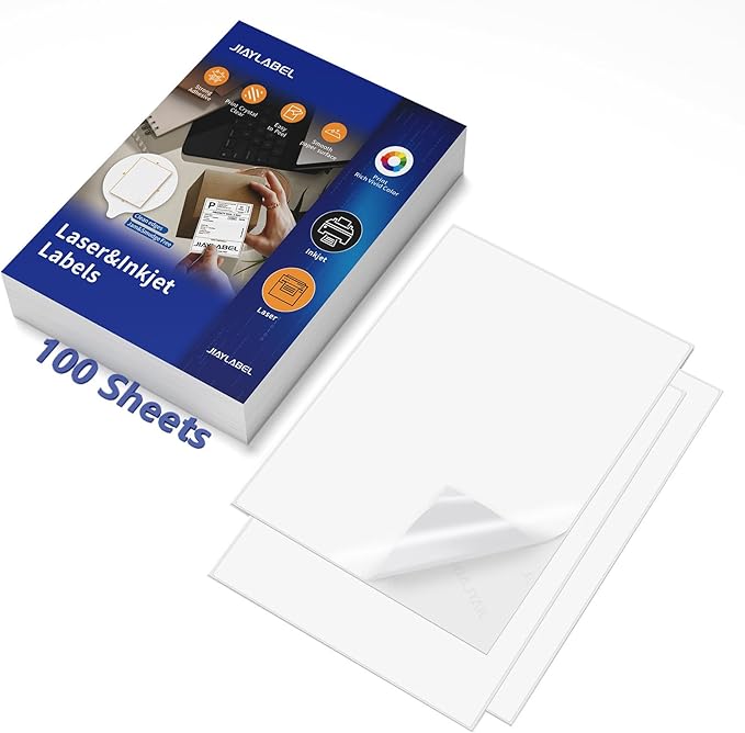 Shipping Label Address Mailing Stickers 8.5 x 11 100 Full Sheets Paper for Inkjet Printer Printable Printing Thank You Labeling to Write on Envelope Storage Bins File Folder Blank White Letter Size