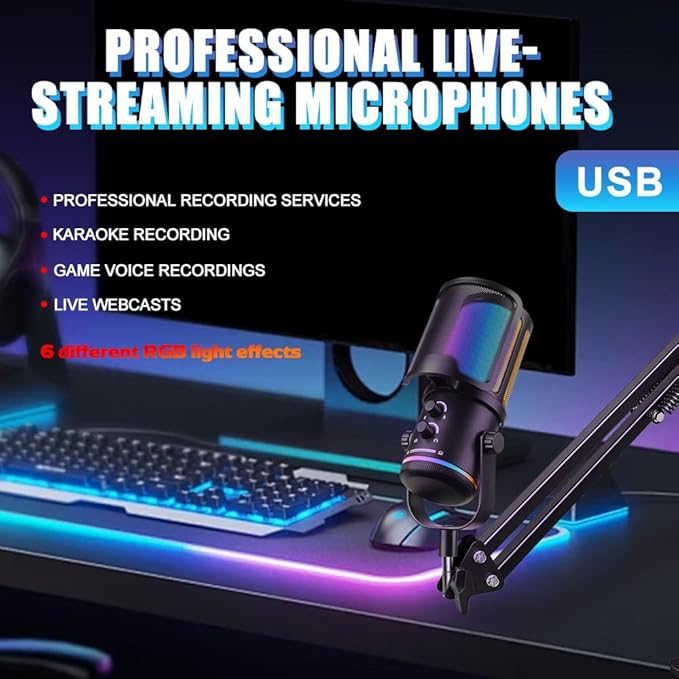 USB Gaming Microphone with Boom Arm - PC Mic for Streaming, Podcasting, Vocal Recording - RGB Condenser Kit with Noise Cancellation, Monitor Mix Knob, Mute Button & Pop Filter for Content Creator