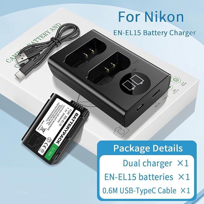 EN-EL15 Replacement Battery with LCD Dual Charger - 2800mAh Li-ion Battery for Nikon D850 D750 Z6II Z7II Z5 D500 D7500 D800 Z8 Zf D810 D800E D810A D600 D610 1 V1 DSLR & Mirrorless Cameras