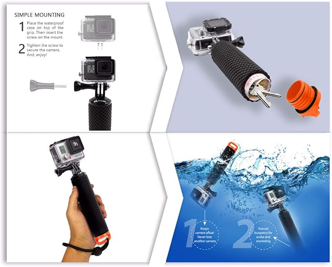 Floating Hand Grip Waterproof Monopod for GoPro Hero 13 12 11 10 9 8 7 6 5 4 3+ Session Black Silver Action Camera Handler & Handle Mount Accessories for Underwater Snorkeling & Water Sports (Orange)