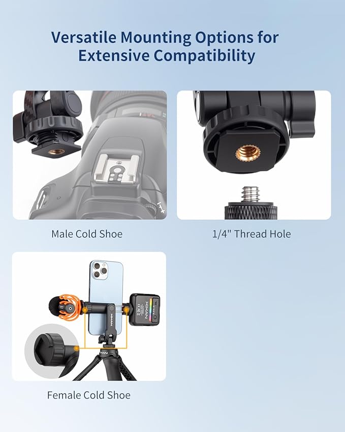 Phone Tripod Mount Adapter with Cold Shoes and 1/4" Screw, 360° Rotates and 180° Tilts Adjustable Cell Phone Clamp Holder, Compatible with iPhone Samsung and Universal Smartphone for Photography