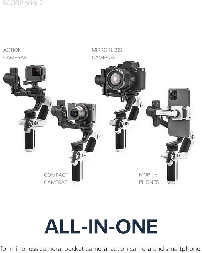FeiyuTech SCORP Mini 2 [Official] All in One Gimbal Stabilizer, 3 axis Stabilizer for Mirrorless Cameras,Smartphone,Action Cameras, AI Tracking Gimbal for Canon/Sony/Fujifilm,Gopro12,iPhone 15Pro max