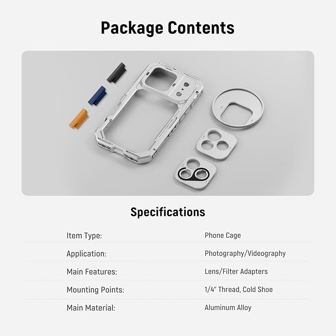NEEWER Phone Cage Compatible with iPhone 17 Pro Max, Quick Release Video Rig Stabilizer Accessories with 67mm Filter Ring, 17mm Lens Backplate, T Mount Adapter, 4X Camera Control Cap, PA144 (Silver)