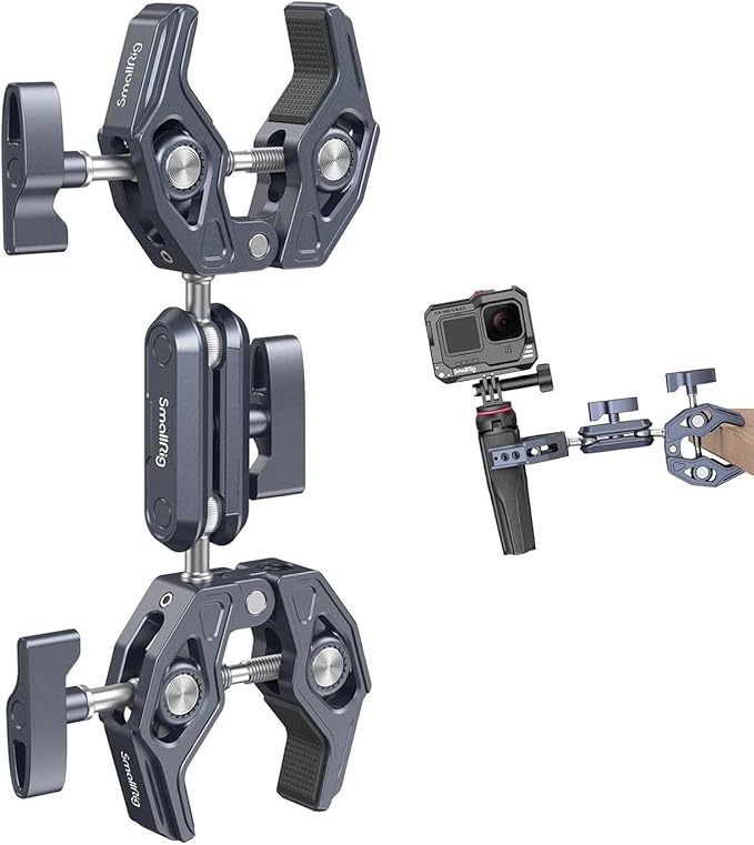 SMALLRIG Double Clamp Mount, Super Clamp Arm, for Chair, Pole, Tripod, C Stand, Handlebar, All Metal Max Load Capacity 3.5kg