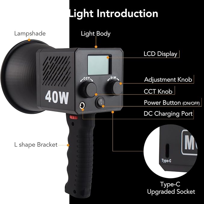 M60 Handle LED Video Light with Soft Box Protable Mini COB LED Bi-Color 2500-8500K CRI≥95 TLCI≥97 Built-in 3400mAh Battery Photo Studio Lights Vlog Shoot Fill Lighting 8 Scenes (M60 with Soft Box)