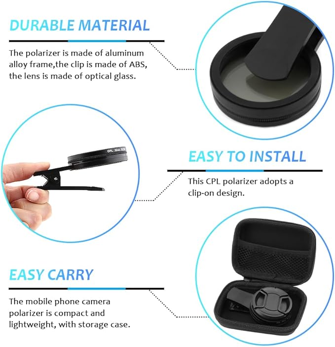 52mm Polari/zed Camera Lens Phone Universal CPL Filter Clip Kit, Portable Phone Polarizing Lens Filter for Cell Phones Camera Assistant Len and Effects Filters(Black)