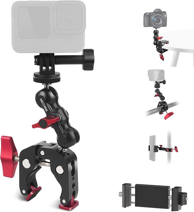 Camera Mount Clamp, Super Clamp with Dual Ballhead Magic Arm for/Phone Holder/Tripod Mount Adapter - 1/4" & 3/8" Holes,360°Adjustable for G0pro,Phone, Microphone,Monitor and Light JC009