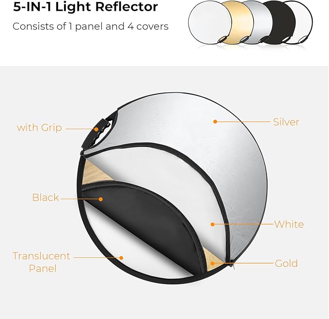 K&F CONCEPT 5-in-1 Light Reflector with Grip 22"(60cm) Photography Diffuser Collapsible Portable for Studio and Outdoor Lighting Gold Silver White Black Translucent