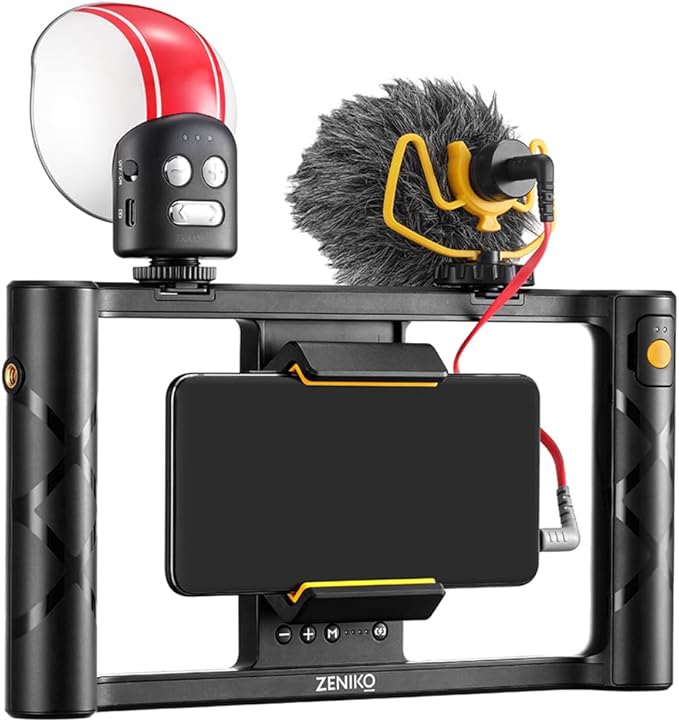 MR11 Smartphone Video Rig with Light, Built-in Battery Wireless Charging, Cold Shoe, ARRI Hole, 1/4" Hole, Remote Control, Rotatable Clamp, All-in-one Phone Vlogging Cage Video Stabilizer Grip