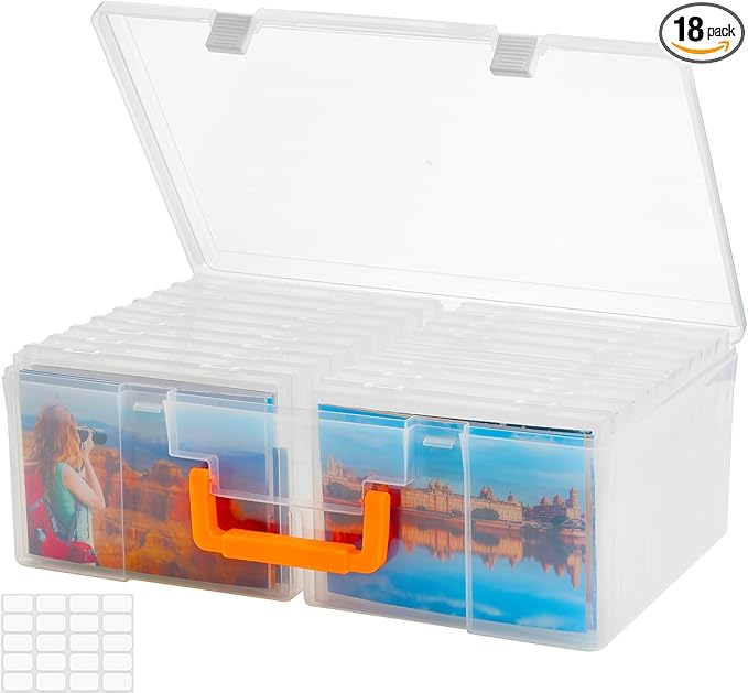 ALINK Photo Storage Box 5" x 7" with Handle, 18 pcs Inner Photo Container Organizer and Craft Keeper, Portable Picture Case with Label for Arts, Crafts, Sewing, Stickers, Office - Clear