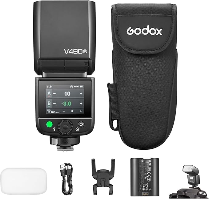 GODOX V480F V480-F TTL Camera Flash for Fujifilm, GN50 Speedlite 650 Flash Number 1/8000s HSS 1.7s Recharge Time Built-in 5600K LED Adjustment Light with Diffuser Compatible with Fujifilm Cameras
