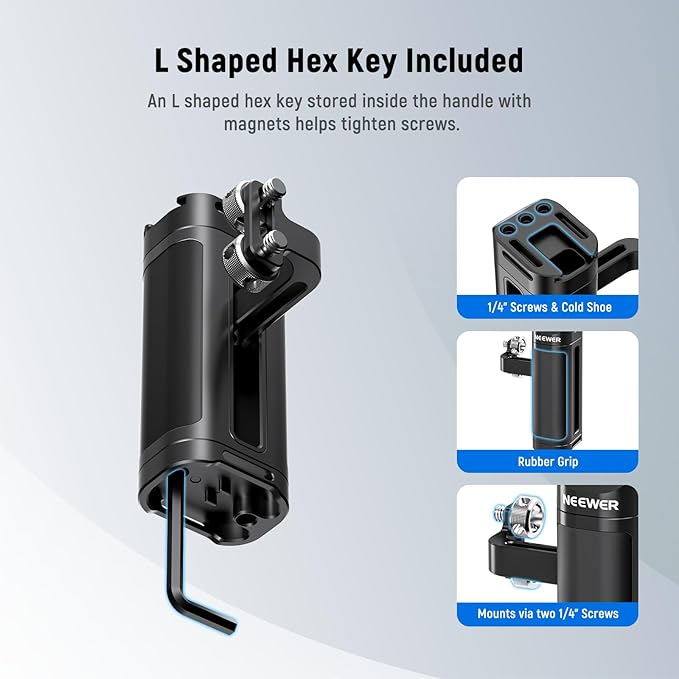 NEEWER Side Handle Grip Compatible with SmallRig NEEWER Camera Cage, Lightweight Camera Handle Rig with Dual 1/4" Screws (18mm-20mm Spacing), 1/4" Threads, Cold Shoe, Up and Down Adjustable, CA022H