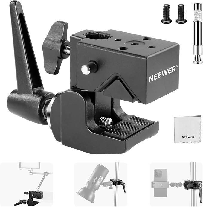 NEEWER Heavy Duty Super Clamp Max Load 33lb/15kg, 2.4" Jaw Grip Crab Clamp Mount for Round Pole Flat Surface with 5/8" Stud/Spring Lock/Cleaning Cloth for Photography Studio Camera Lighting, UA017