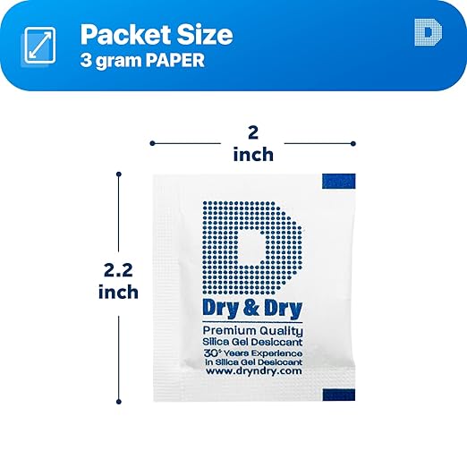 3 Gram Pack of 250 "Dry & Dry" Premium Pure & Safe Silica Gel Packets Desiccant Dehumidifiers - Rechargeable Paper(FDA Compliant)