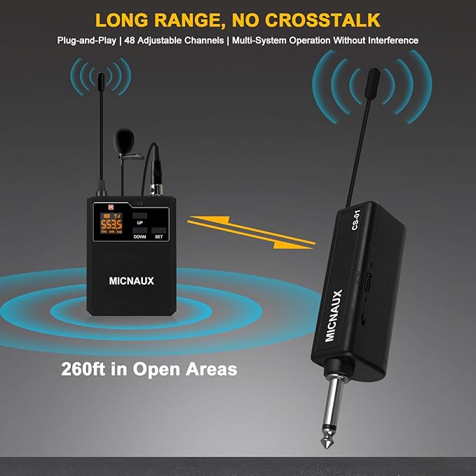 Wireless Lapel Microphone System with Headset & Lavalier Mics, UHF Bodypack Transmitters, Mini Rechargeable Receiver, 48 Channels in 500MHz, 260ft Range, Plug & Play for Wedding Speech Church