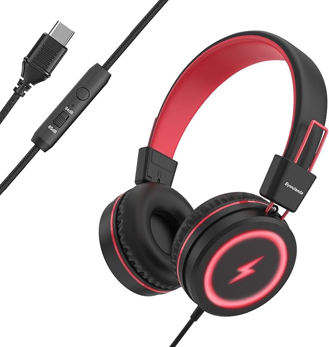 Kids Headphones with LED Lights for School, Upgrade USB Type C Kid Headphone with Microphone, Volume Limiter 85/94dB, Wired On Ear Headphones for Boys/Girls/Tablet/Travel -Black