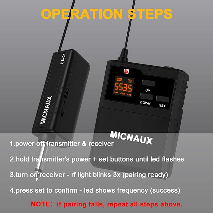 Wireless Lapel Microphone System with Headset & Lavalier Mics, UHF Bodypack Transmitters, Mini Rechargeable Receiver, 48 Channels in 500MHz, 260ft Range, Plug & Play for Wedding Speech Church