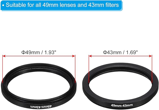 PATIKIL 49mm-43mm Metal Step Down Ring with Cleaning Cloth, 2 Pack Camera Lens Filter Adapter Ring Aluminum Filter Adapter Ring for Camera Lenses Hood, Black