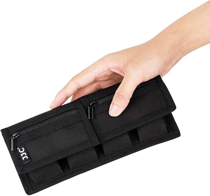 Camera Battery Pouch Holder Case for 4 PCS Sony NP-F550 NP-FW50 NP-FZ100 NP-BX1 Canon LP-E6 LP-E8 LP-E10 LP-E12 LP-E17 Fuji NP-W126 Nikon EN-EL14 EN-EL15 with Zipped Pocket to Store SD TF XQD CF Cards