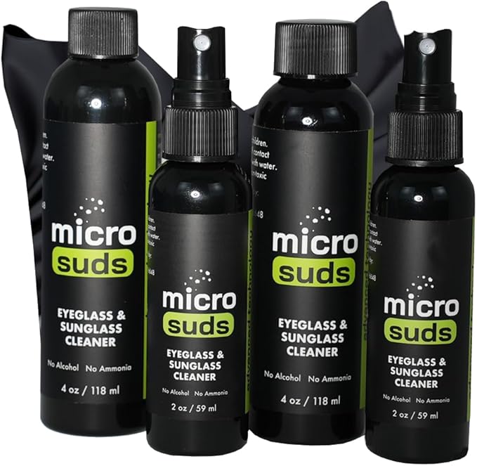 Microsuds Advanced Eye glass Cleaner Kit | (2x) Glass Cleaner Sprays 2oz & (2x) 4oz Refills + (3x) Glasses Cleaning Cloth | Formula Mitigates Scratches for Optics & Screens | USA MADE (7 piece set)
