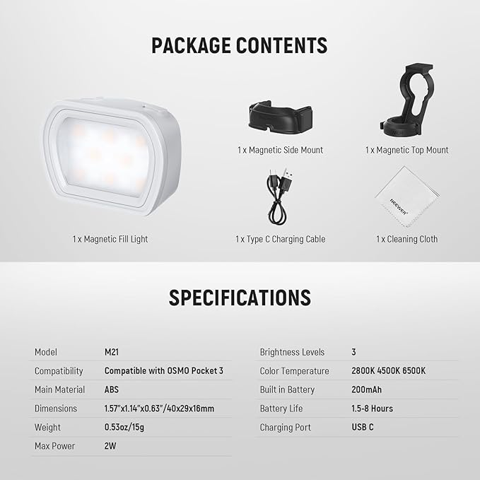 NEEWER Basics Magnetic Auxiliary Light Compatible with DJI OSMO Pocket 3 Gimbal Camera Creator Combo, USB C Rechargeable Mini LED Fill Light with Cleaning Cloth for Selfie Vlog Video Recording, M21