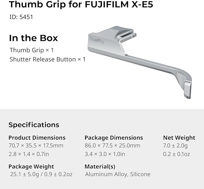 SMALLRIG Thumb Grip with Hot Shoe Cover for FUJIFILM X-E5 (Silver) - 5451
