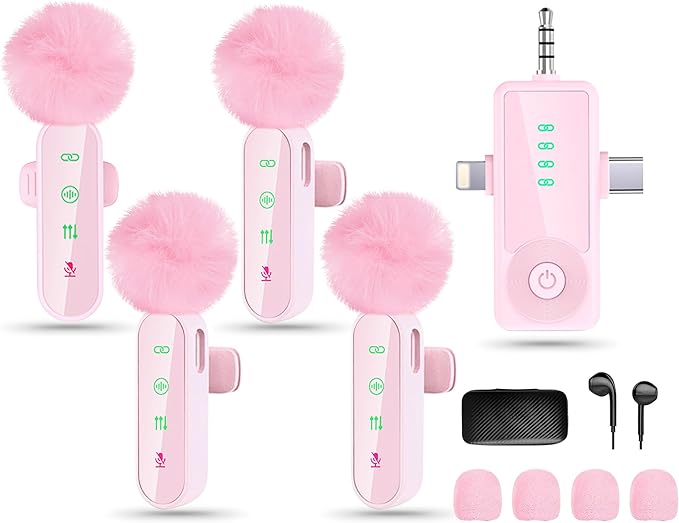 Wireless Lavalier Microphone for iPhone/Android/Camera, Upgraded Mini Microphone with Noise Reduction, 4 Mic for Video Recording, Podcasts, YouTube, TikTok, and Vlogging (Pink)
