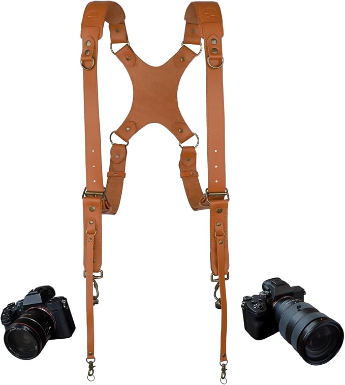 Leather Dual Camera Harness Strap for Photographers,Adjustable Shoulder Crossbody Padded Harness for DSLR SLR