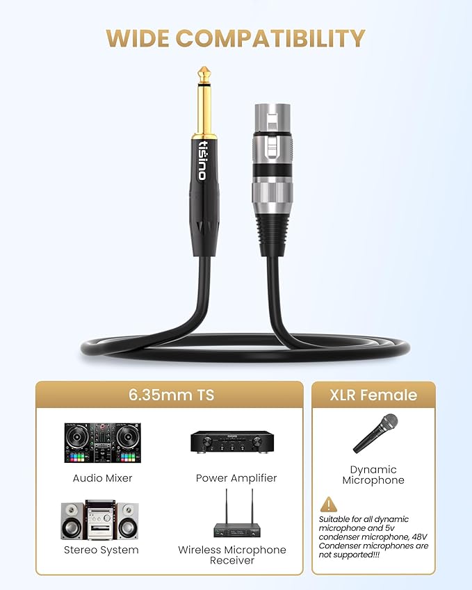 Tisino Female XLR to 1/4 (6.35mm) TS Mono Jack Unbalanced Microphone Cable Mic Cord for Dynamic Microphone - 10 FT/3 Meters