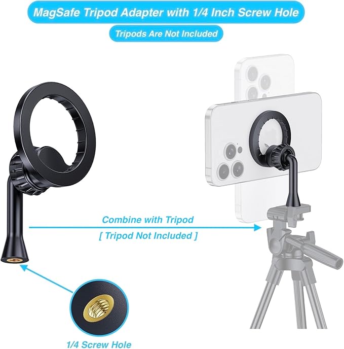 Magnetic Tripod Holder Mount for MagSafe, iPhone Tripod Mount Adapter with 1/4" Screw Hole, Magnetic Phone Tripod Holder Adapter for iPhone 17/16/15/14/13/12 Series