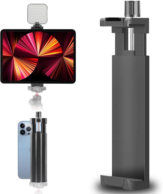 iPad Tripod Mount Adapter with Cold Shoe/Charging Port/1/4” Standard Screw, Universal Phone Holder Compatible with iPad 12.9”/Air/Mini/Galaxy Tablet/iPhone 13 Pro Max/12/11/Samsung for Shooting/Vlog