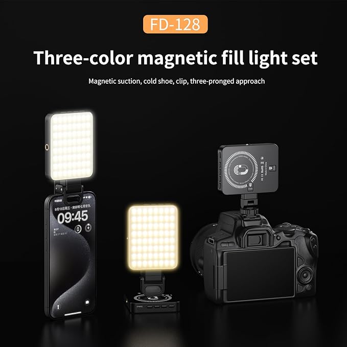 VRIG 128 LEDs Fill Light for Video Recording, 3 Color Temperatures, FD-128 Rechargeable Magnetic Selfie Light for iPhone Mag Safe, Pictures, Vlogging, Containing Clip, Cold Shoe Adapter & 1/4 Thread