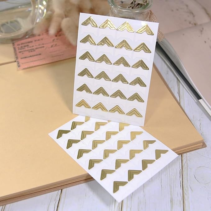 GOONAVI 15 Sheets 360 Pcs Acid-Free Photo Corners, Self-Adhesive Mounting for Wedding Scrapbook Supplies, DIY Photo Album, Journal, Guest Book, Memory Book (Gold)
