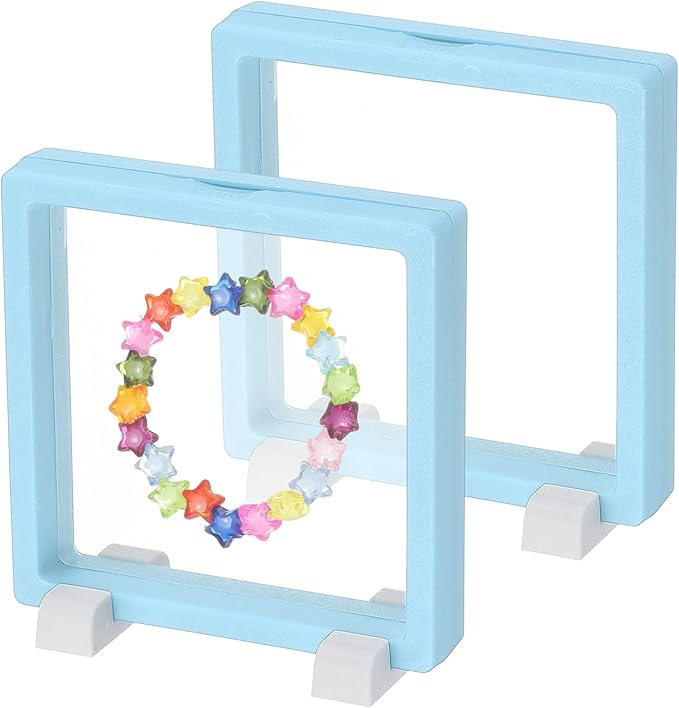 PATIKIL 2Pcs Floating Display Case, 4.3 Inch Jewelry Display Case Stand Challenge Coin Holder Frames Transparent Small Storage Box 3D for Necklace Bracelets Pendants, Light Blue/White