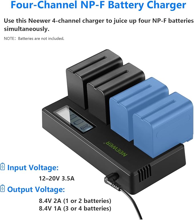 Neewer 4-Channel NP-F Battery Charger with LCD Screen & Power Adapter, Compatible with Sony NP-F550 F570 F750 F770 F930 F950 F960 F970 FM50 FM500H QM71 QM91 QM71D QM91D Camcorder Li-ion Batteries
