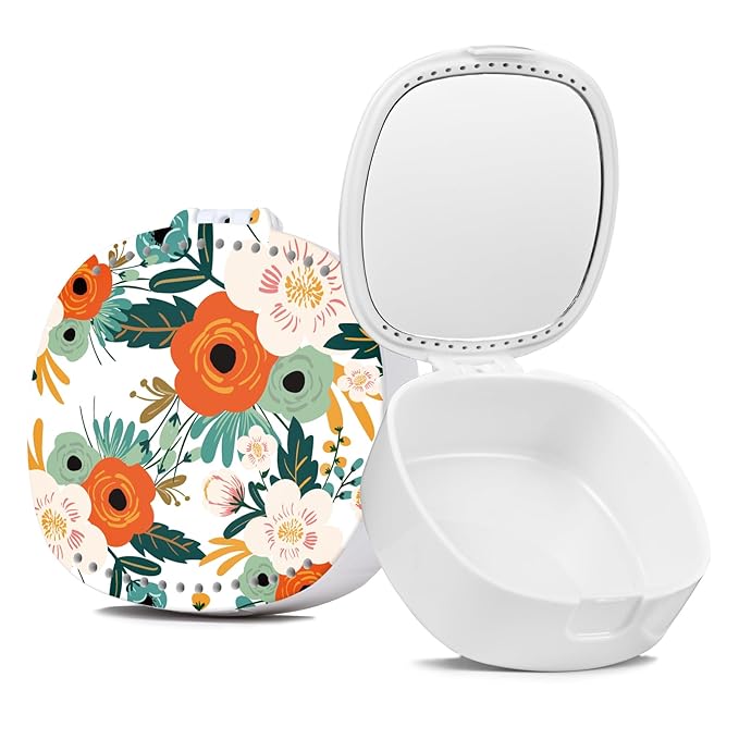 Retainer Case, Denture Case Night Guard Mouth Guard With Mirror and Ventilation Holes,Orange Flower