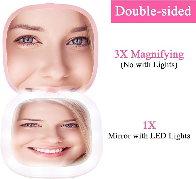 QUELIEN Compact Mirror LED Lighted Pocket Mirror for Women, 1X/3X Sleek Pink Mini Travel Compact Mirrors, Portable Compact Mirror with Light for Makeup, Purse, and On-The-Go Use