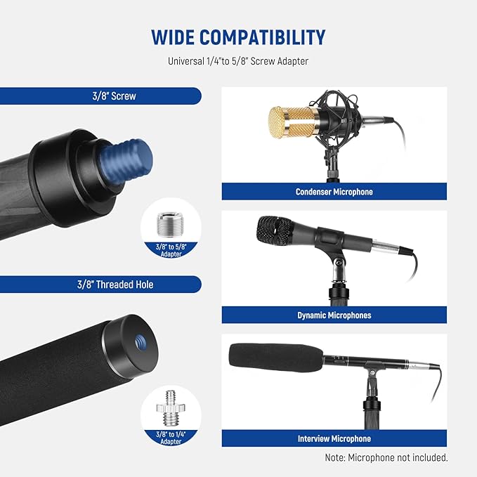 NEEWER Upgraded Microphone Boom Pole, 9.8ft/300cm Telescopic Carbon Fiber Mic Boom Arm with 5 Sections, 1/4" 3/8" 5/8" Screw Adapters, Cable Straps, Shoulder Strap & Storage Bag, MS-300CB (Black)