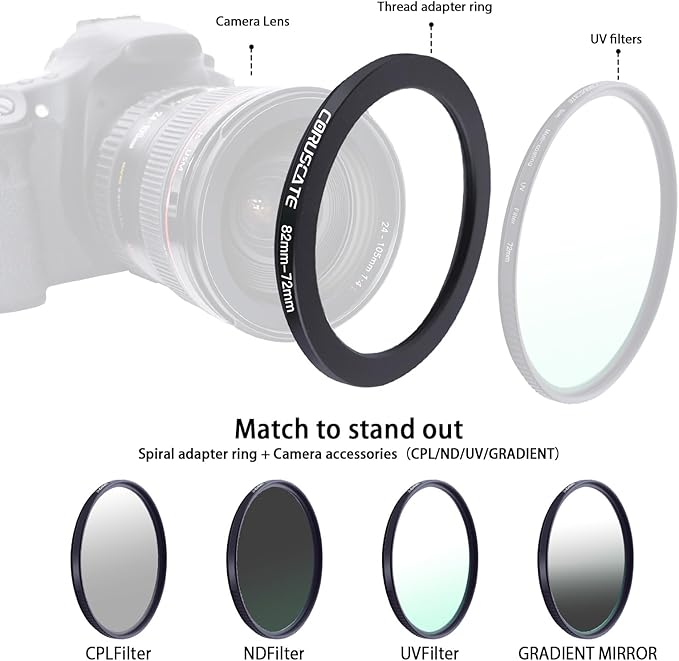 9Pcs 82mm Filter Ring Adapter Set,Metal Step Down Ring for All Brands UV ND CPL 82-46mm,82-49mm,82-52mm,82-55mm,82-58mm,82-62mm,82-67mm,82-72mm,82-77mm