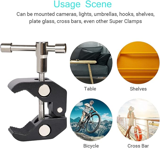 3 Pack Super Clamp with 1/4 and 3/8 Thread Camera Clamp Mount, Super Crab Clamp Rod Magic Arm Clamp Clip for Cameras, Rods, Lights, Hooks, Shelves, Cross Bars, etc