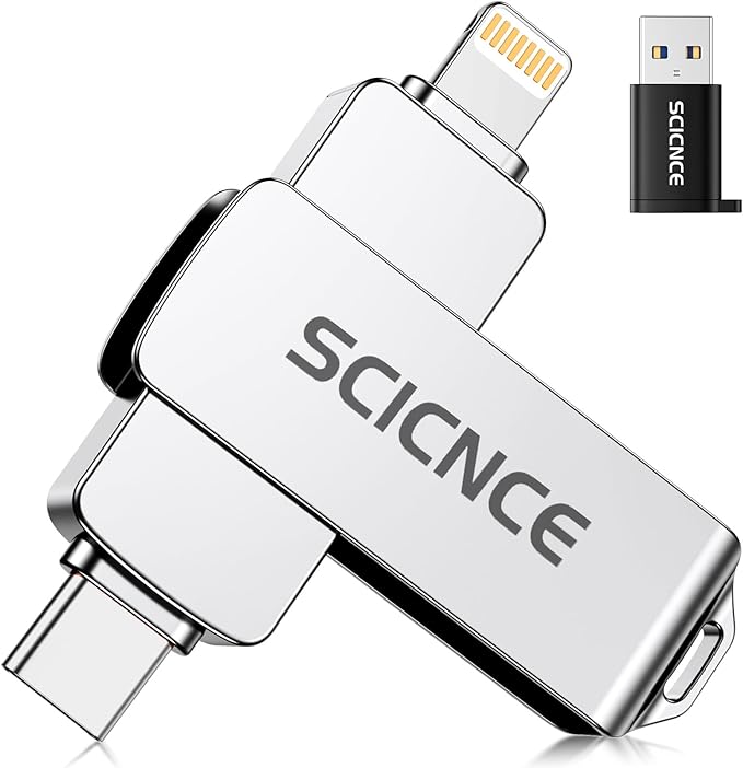 SCICNCE 256GB Flash Drive Intended for iPhone, USB Memory Stick Storage Backup for Photos Videos, Plug and Play No APP Required, Compatible with iPhone iPad Android and Computers (Metal Silver)