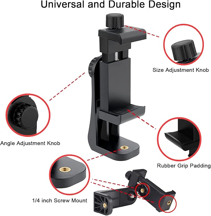 Cell Phone Tripod Mount Adapter, Universal Phone Holder Adjustable Clamp, 360 Degree Rotatable Bracket 1/4" Screw Clip for iPhone, Samsumg, Selfie Stick, Monopod (Black-1 Pack)