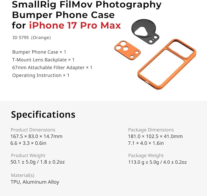 SMALLRIG FilMov Bumper Phone Case for iPhone 17 Pro Max, Hollow Back Design with Lens Backplate, 67mm Filter Adapter Compatible with Phone Gimbal Stabilizers, for DJI for Insta360, Orange- 5795