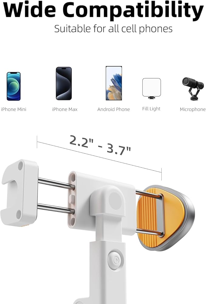 TODI 63" Phone Tripod, Extendable Selfie Stick with Wireless Remote and Phone Holder, Portable All-in-1 Cell Phone Tripod Stand for Video Recording, Compatible with iPhone/Android (White) (Pack of 2)