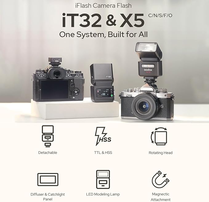GODOX iT32 TTL Camera Flash with X5F Flash Trigger for Fuji Camera,Magnetic Hotshoe & Trigger 2-in-1,Touch Color Screen,Rotatable Flash Head,LED Modeling Lamp,1.5s Recycle Time,510 Full Power Flashes