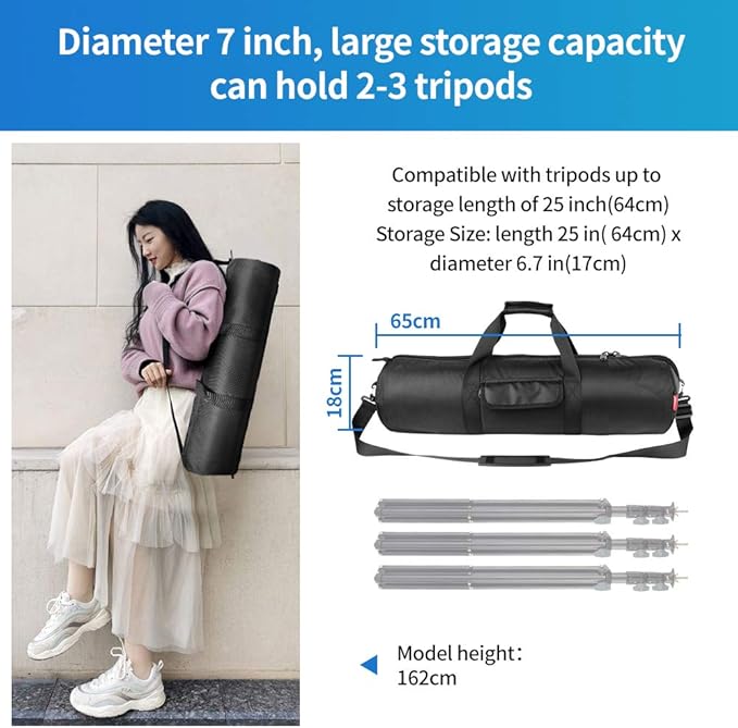 HEMMOTOP Tripod Bag, 25.6x7in Tripod Carrying Case Heavy Duty with Two Zippered Pockets, All Sides Thick Padded Light Stand Bag with Shoulder Strap and Handle for Pool Cue, Speaker Stand -R06518