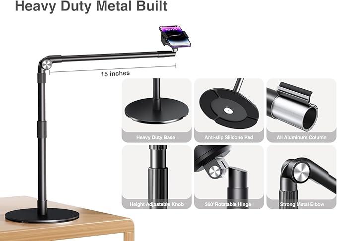 elitehood Heavy Duty Aluminum Overhead Phone Stand, 15 in Long Arm iPhone Holder for Video Recording, 360 Degrees Swivel Tilt Overhead Phone Mount for Filming, Meeting, Cooking, Painting and Crafting